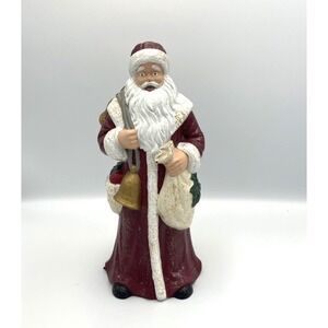 Vtg Hand Painted Resin Santa Claus Carrying Bag & Bells 9.25" H